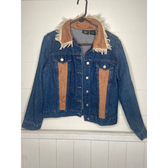 Lighthouse Apparel Denim Jacket Suede/Fringe Accents & Collar 100% Cotton Sz LG - Picture 1 of 4
